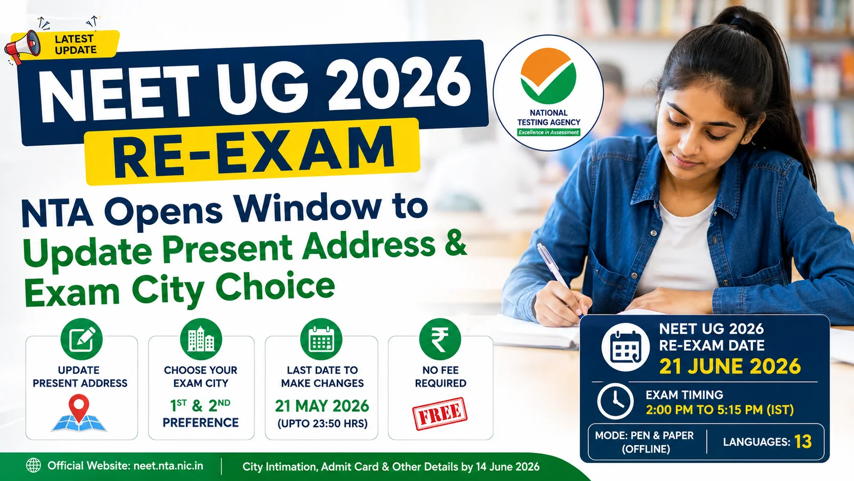NEET UG 2026 Re-Exam: NTA Opens Window to Update Present Address & Exam City Choice